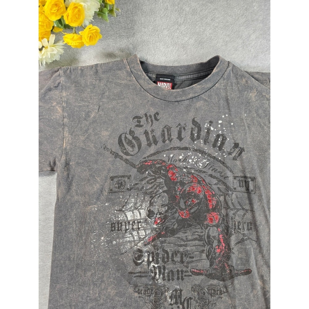 Y2K Marvel Spider-Man The Guardian Graphic T-Shirt Gray Acid Wash Youth 10/12